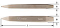 Two Images show two viewpoints of a bronze cape chisel: top image shows the bar with a blunt tapered chisel bar with thickness labeled ‘s’.  The bottom image displays the tapered triangle tip lying vertical to the left.  A line underneath the bottom image